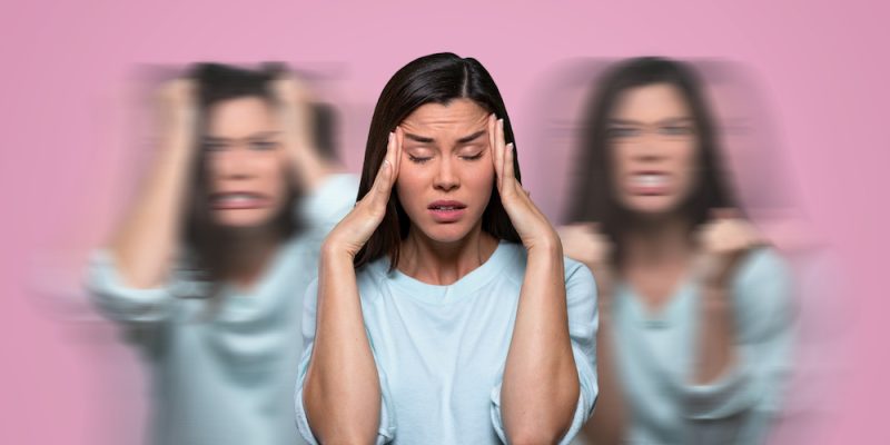 Female suffering from low self esteem, anxiety, anger issues, inner critical voices and negativity from insecure thoughts